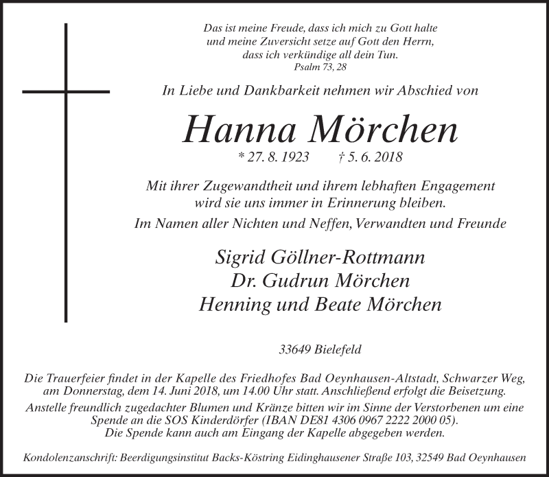  Traueranzeige für Hanna Mörchen vom 09.06.2018 aus Neue Westfälische