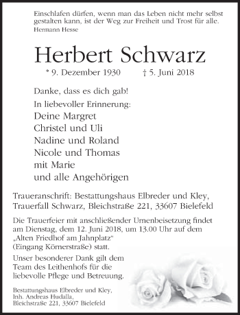 Traueranzeige von Herbert Schwarz von Neue Westfälische