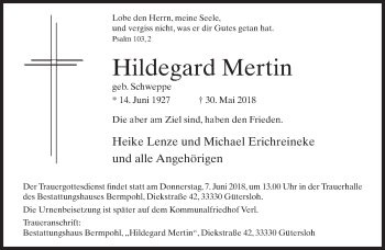 Traueranzeige von Hildegard Mertin von Neue Westfälische
