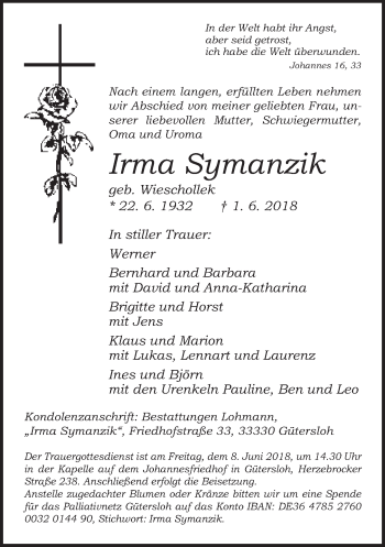 Traueranzeige von Irma Symanzik von Neue Westfälische