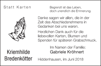 Traueranzeige von Kriemhilde Bredenkötter von Neue Westfälische