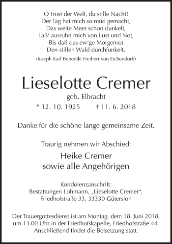 Traueranzeige von Lieselotte Cremer von Neue Westfälische