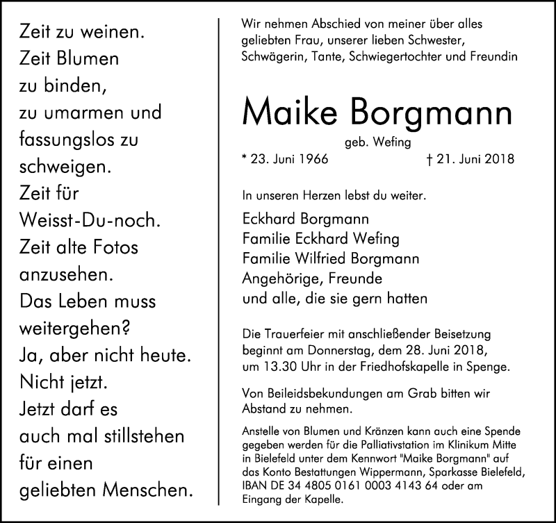  Traueranzeige für Maike Borgmann vom 25.06.2018 aus Neue Westfälische