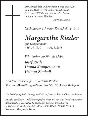 Traueranzeige von Margarethe Rieder von Neue Westfälische