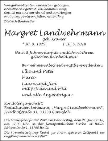 Traueranzeige von Margret Landwehrmann von Neue Westfälische