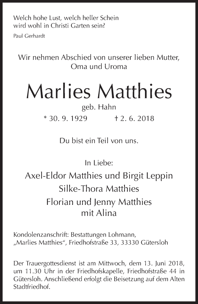  Traueranzeige für Marlies Matthies vom 06.06.2018 aus Neue Westfälische