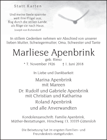 Traueranzeige von Marliese Apenbrink von Neue Westfälische