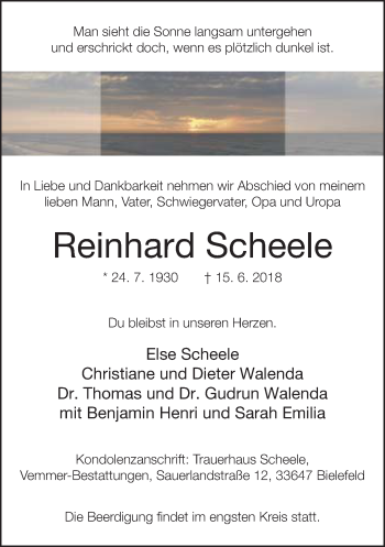 Traueranzeige von Reinhard Scheele von Neue Westfälische