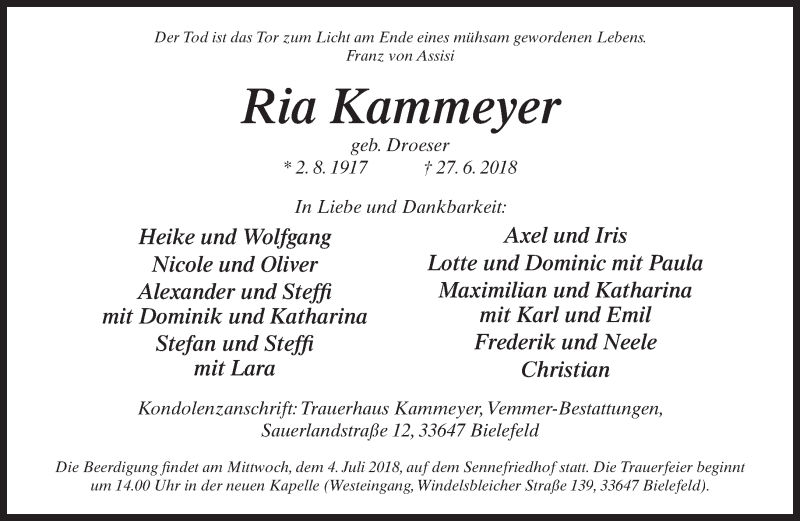  Traueranzeige für Ria Kammeyer vom 30.06.2018 aus Neue Westfälische