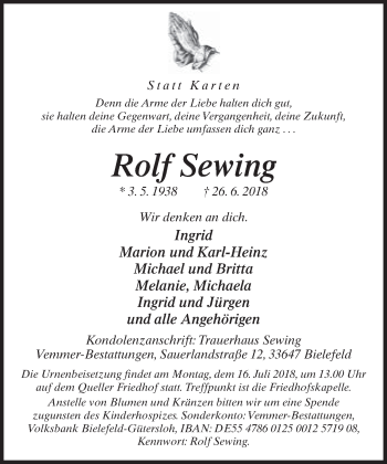 Traueranzeige von Rolf Sewing von Neue Westfälische