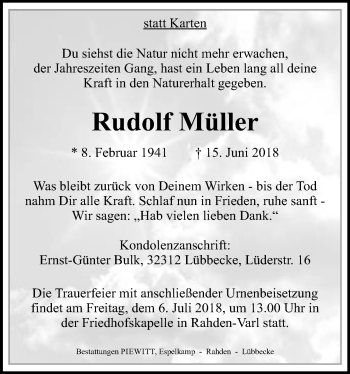 Traueranzeige von Rudolf Müller von Neue Westfälische