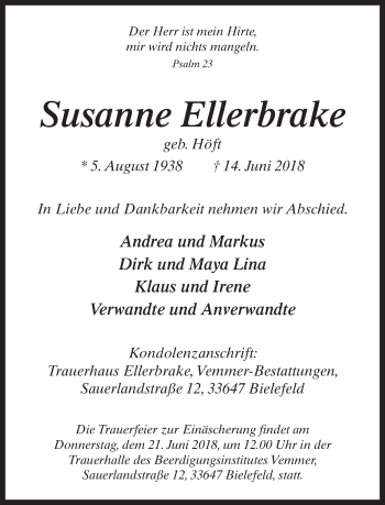 Traueranzeige von Susanne Ellerbrake von Neue Westfälische