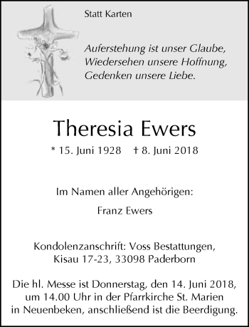Traueranzeige von Theresia Ewers von Neue Westfälische