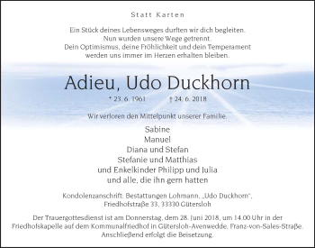 Traueranzeige von Udo Duckhorn von Neue Westfälische
