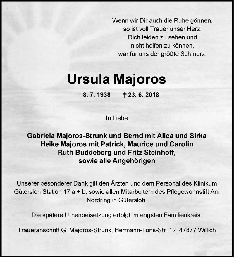  Traueranzeige für Ursula Majoros vom 30.06.2018 aus Neue Westfälische