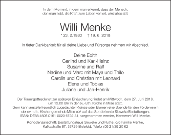 Traueranzeige von Willi Menke