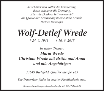 Traueranzeige von Wolf-Detlef Wrede von Neue Westfälische