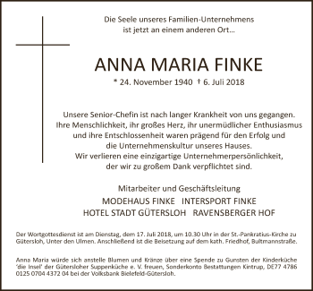 Traueranzeige von Anna Maria Finke von Neue Westfälische