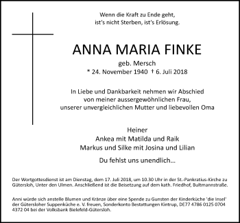 Traueranzeige von Anna Maria Finke von Neue Westfälische