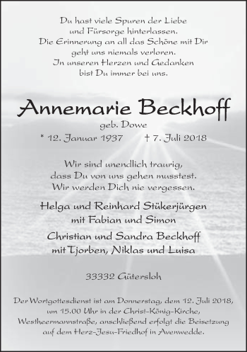 Traueranzeige von Annemarie Beckhoff von Neue Westfälische