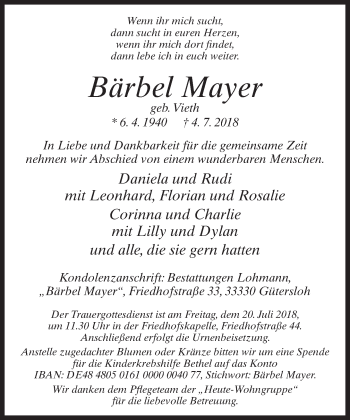 Traueranzeige von Bärbel Mayer von Neue Westfälische