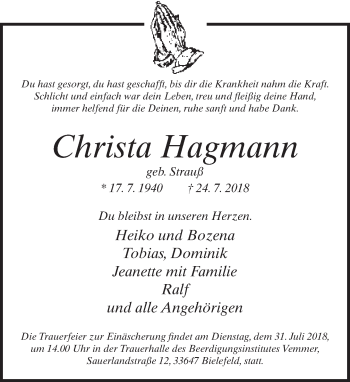 Traueranzeige von Christa Hagmann von Neue Westfälische