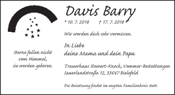 Traueranzeige von Davis Barry von Neue Westfälische