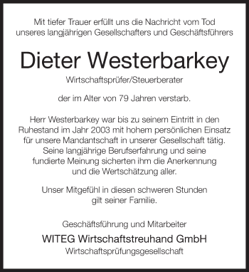 Traueranzeige von Dieter Westerbarkey von Neue Westfälische