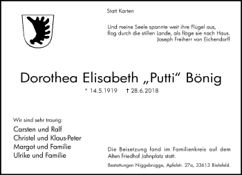 Traueranzeige von Dorothea Elisabeth Bönig von Neue Westfälische