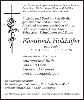 Traueranzeige von Elisabeth Holthöfer von Neue Westfälische