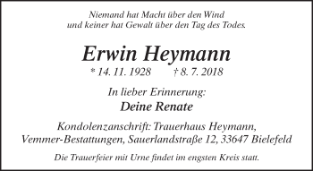 Traueranzeige von Erwin Heymann von Neue Westfälische