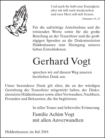 Traueranzeige von Gerhard Vogt von Neue Westfälische