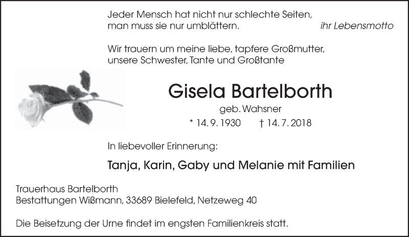  Traueranzeige für Gisela Bartelborth vom 21.07.2018 aus Neue Westfälische