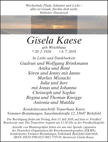 Traueranzeige von Gisela Kaese von Neue Westfälische