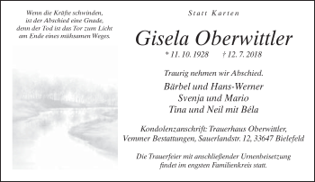 Traueranzeige von Gisela Oberwittler von Neue Westfälische
