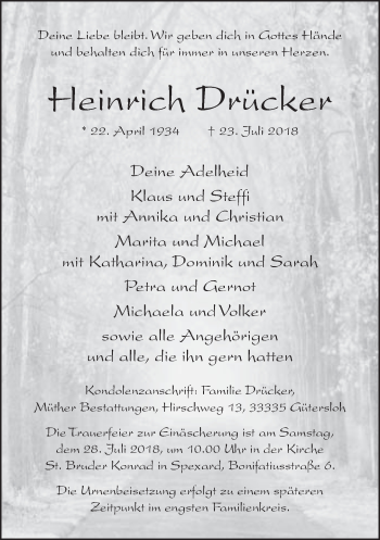 Traueranzeige von Heinrich Drücker von Neue Westfälische