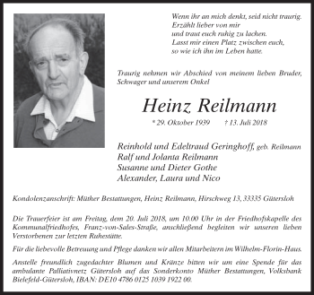 Traueranzeige von Heinz Reilmann von Neue Westfälische