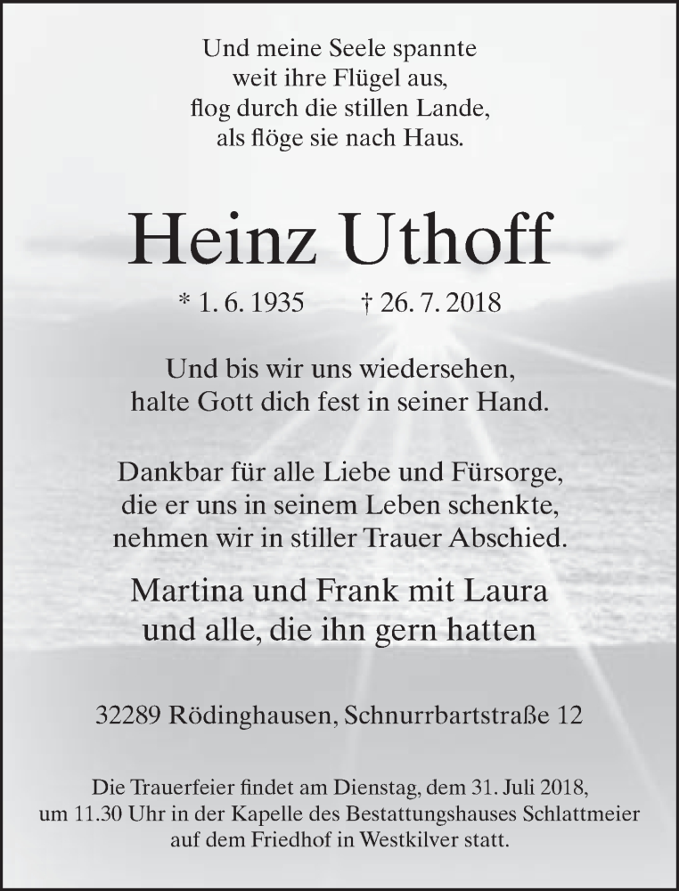  Traueranzeige für Heinz Uthoff vom 28.07.2018 aus Neue Westfälische