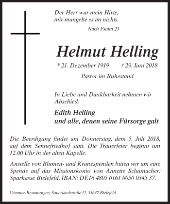 Traueranzeige von Helmut Helling von Neue Westfälische