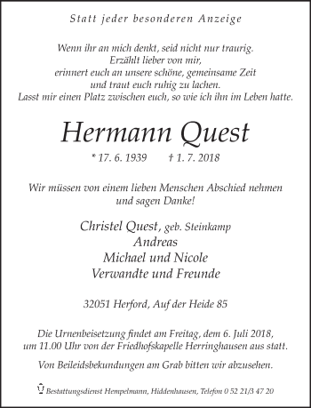 Traueranzeige von Hermann Quest von Neue Westfälische