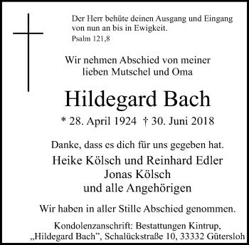 Traueranzeige von Hildegard Bach