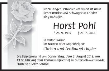Traueranzeige von Horst Pohl von Neue Westfälische