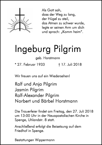 Traueranzeige von Ingeburg Pilgrim von Neue Westfälische