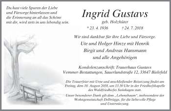 Traueranzeige von Ingrid Gustavs von Neue Westfälische