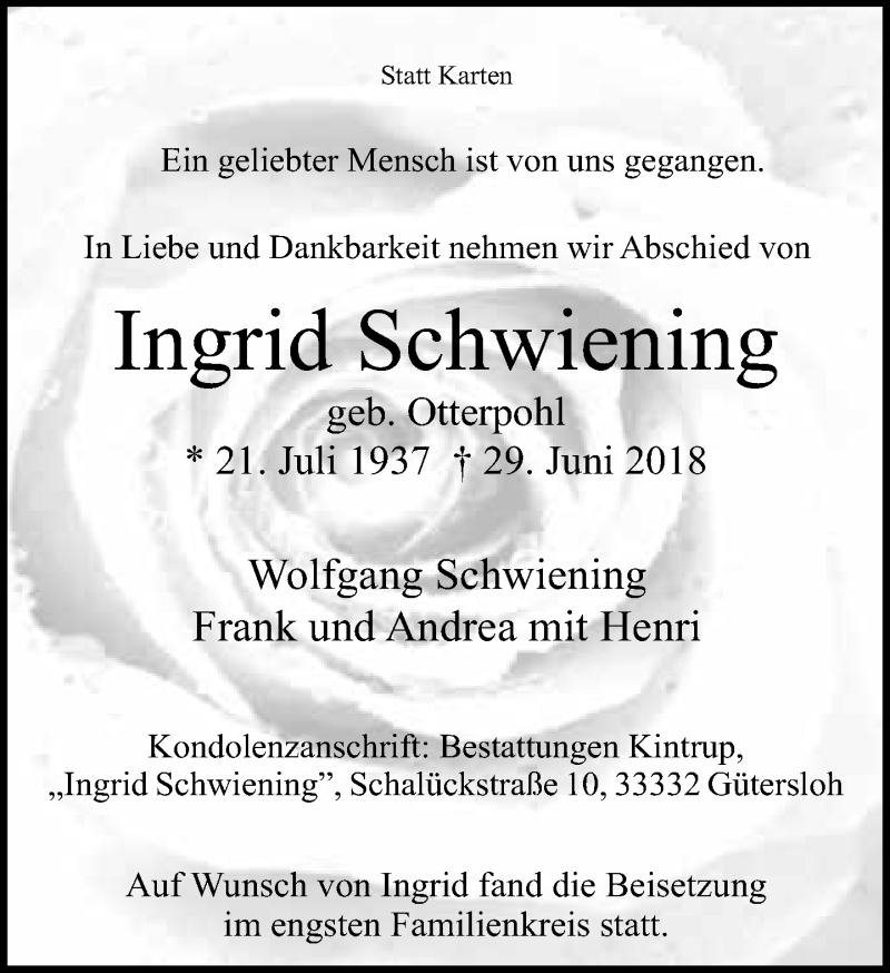  Traueranzeige für Ingrid Schwiening vom 07.07.2018 aus Neue Westfälische