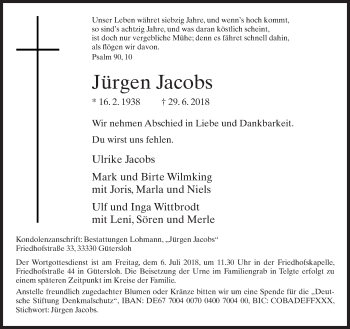 Traueranzeige von Jürgen Jacobs von Neue Westfälische