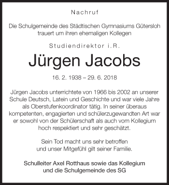 Traueranzeige von Jürgen Jacobs von Neue Westfälische