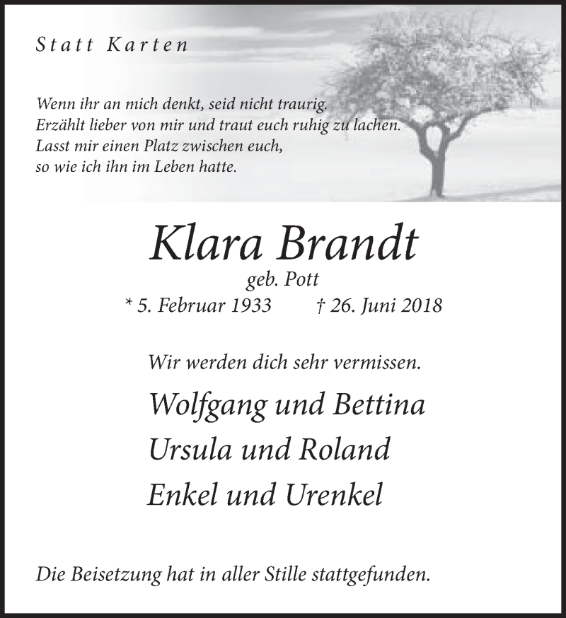  Traueranzeige für Klara Brandt vom 07.07.2018 aus Neue Westfälische