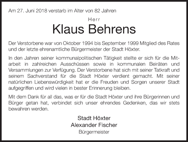  Traueranzeige für Klaus Behrens vom 04.07.2018 aus Neue Westfälische