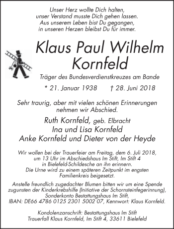 Traueranzeige von Klaus Paul Wilhelm Kornfeld von Neue Westfälische